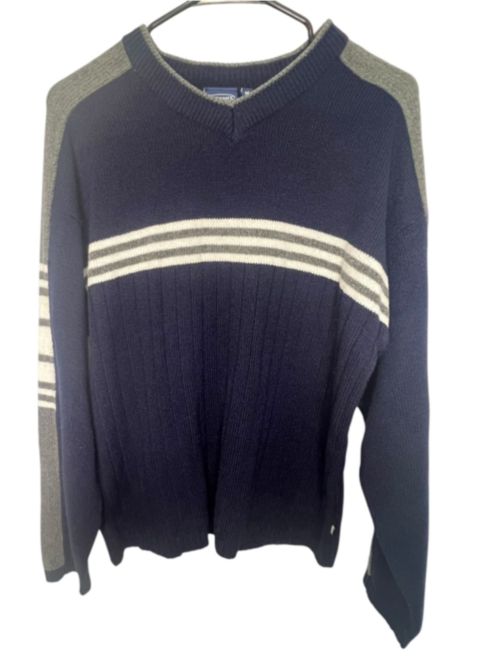 Sideout Blue Grey And Cream Striped Colorblock Crewneck Pullover Sweater